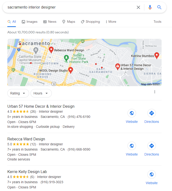 Google Maps results for interior designer